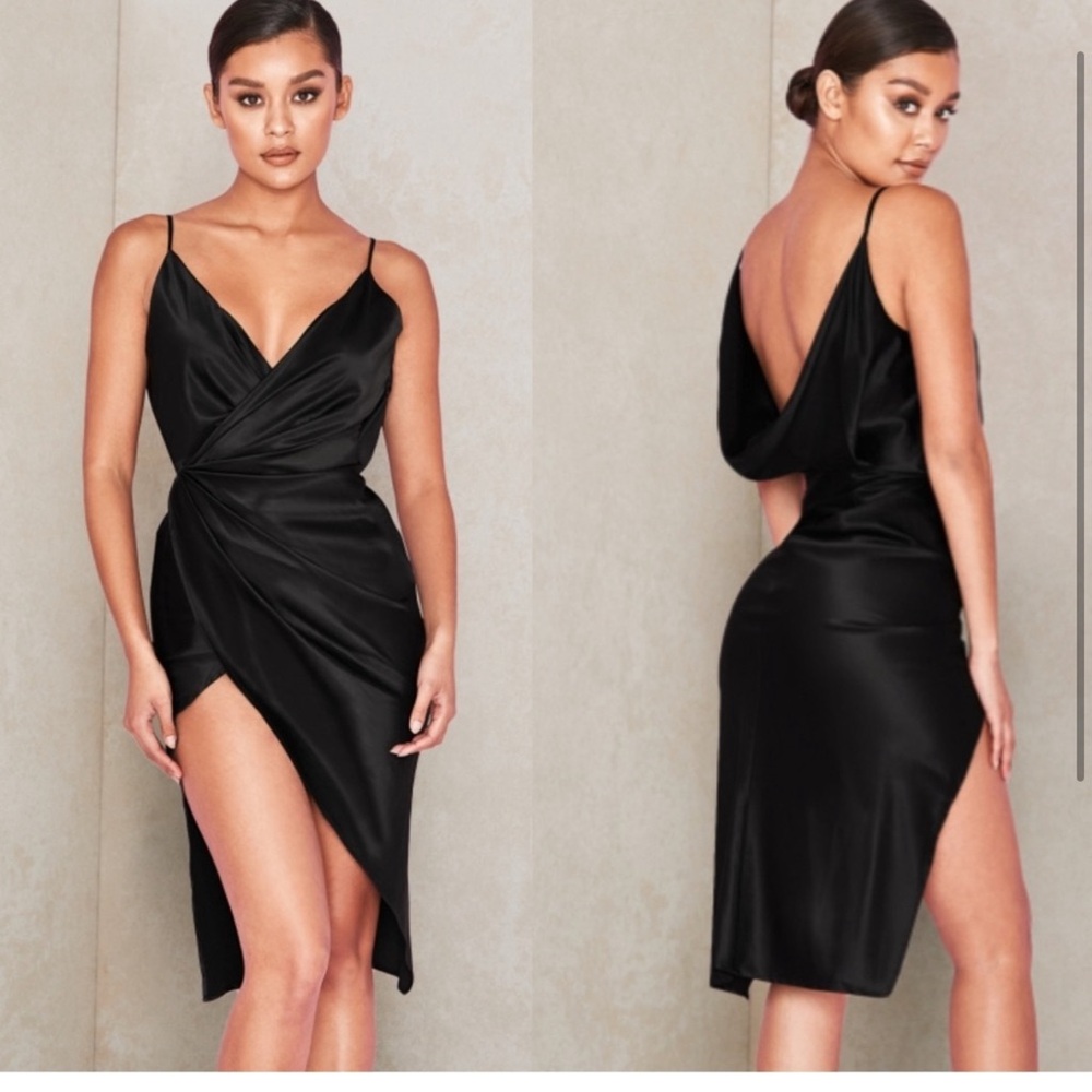 HOUSE OF CB Coco black draped satin dress (Sz XS)